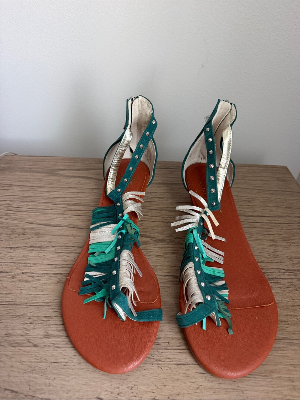 Teal & Cream Fringe and Studs Gladiator Sandals - Women Size 9.5